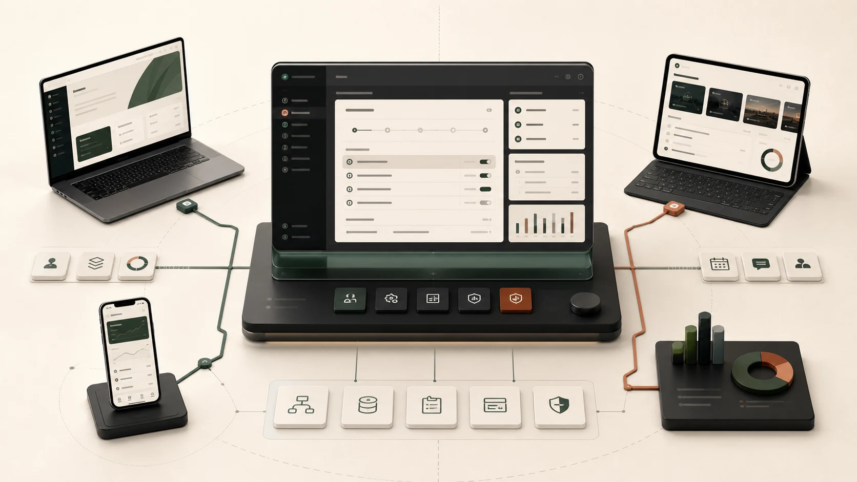 A central administration workspace coordinating customer channels, platform modules, and reporting