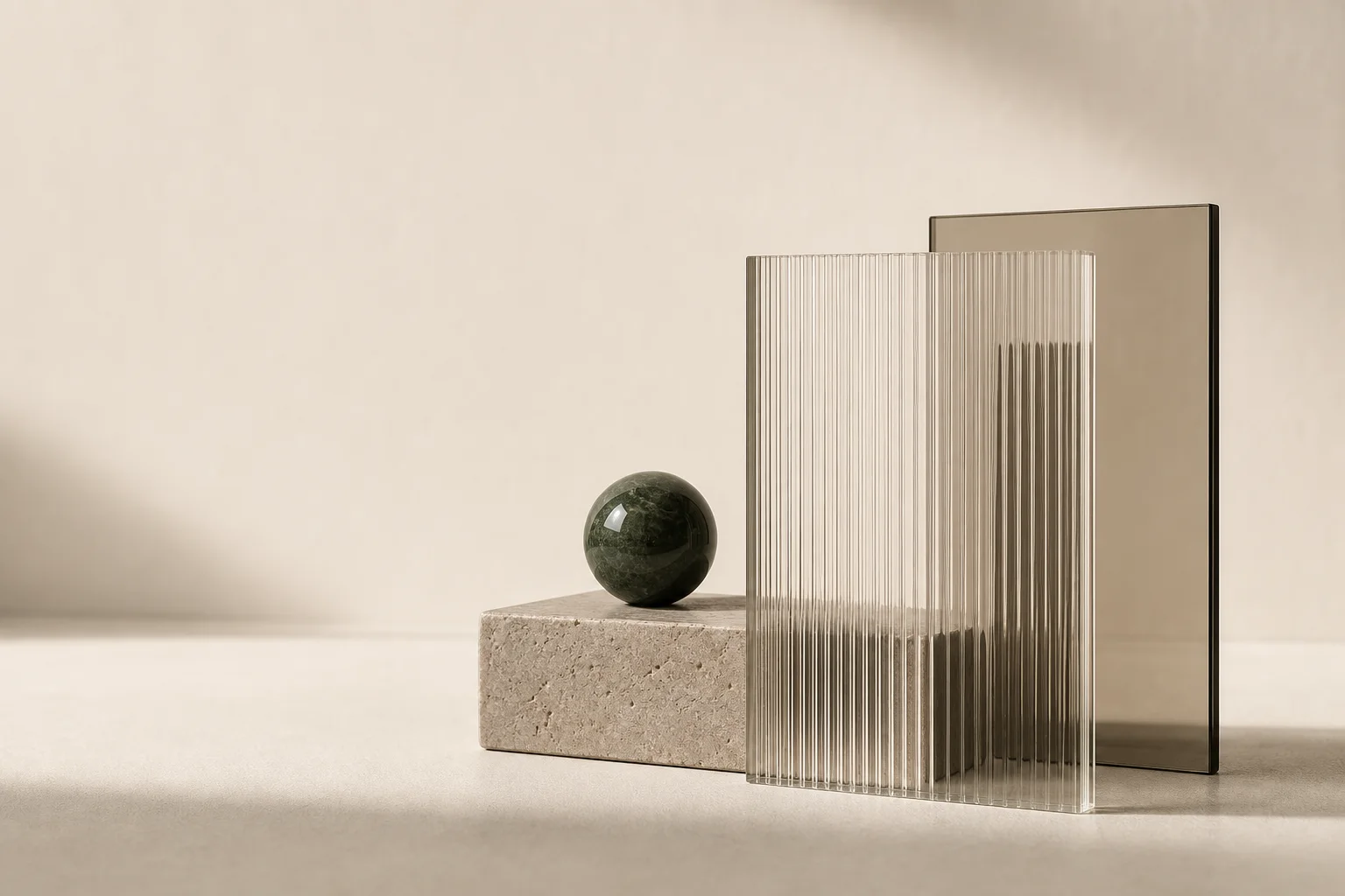 A restrained composition of stone, ribbed glass, smoked glass, and a polished green sphere