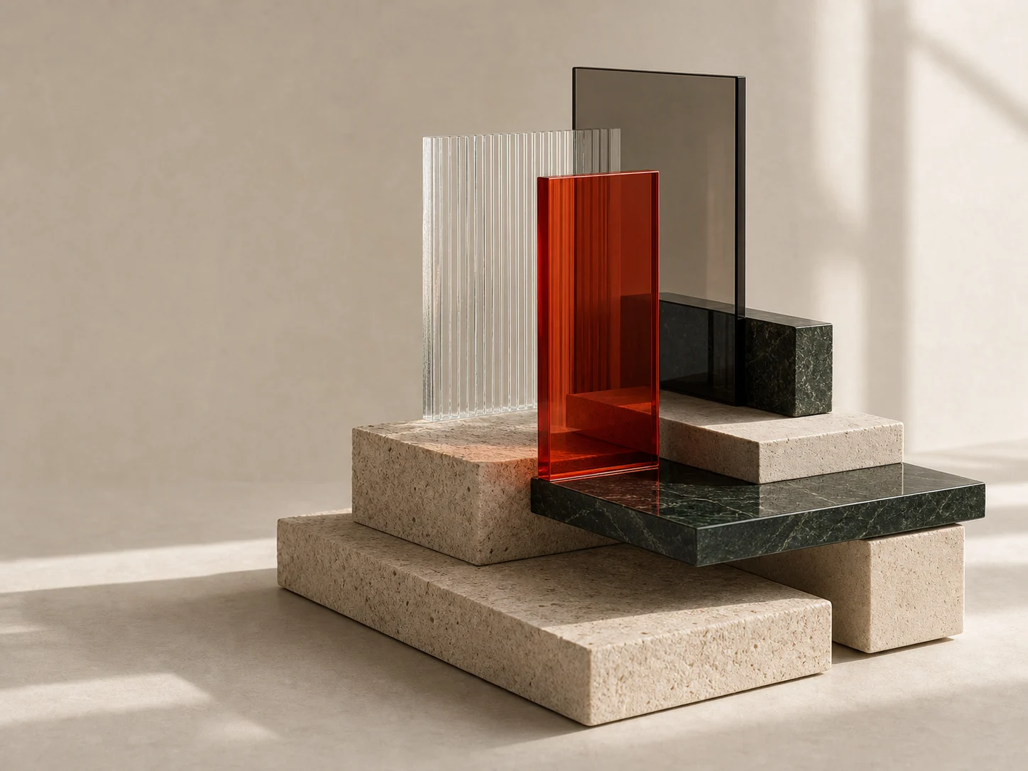 An architectural composition of stone, smoked glass, ribbed glass, and vermilion resin