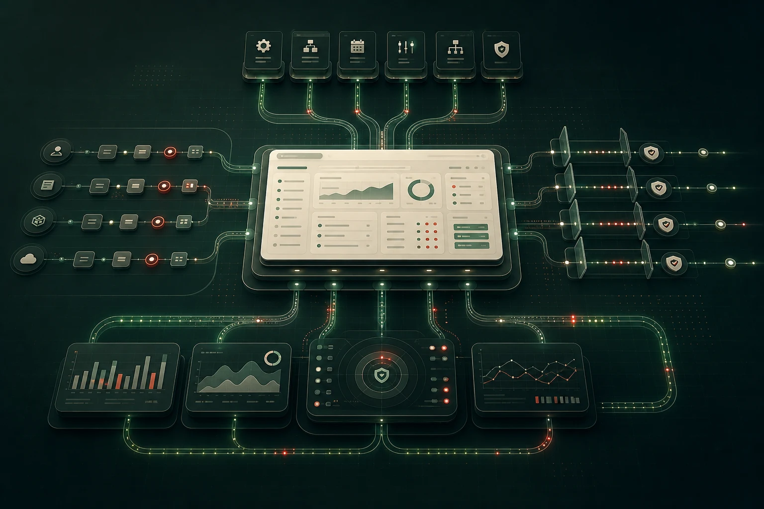 A digital operations system connecting workflows, governance, observability, and automation controls