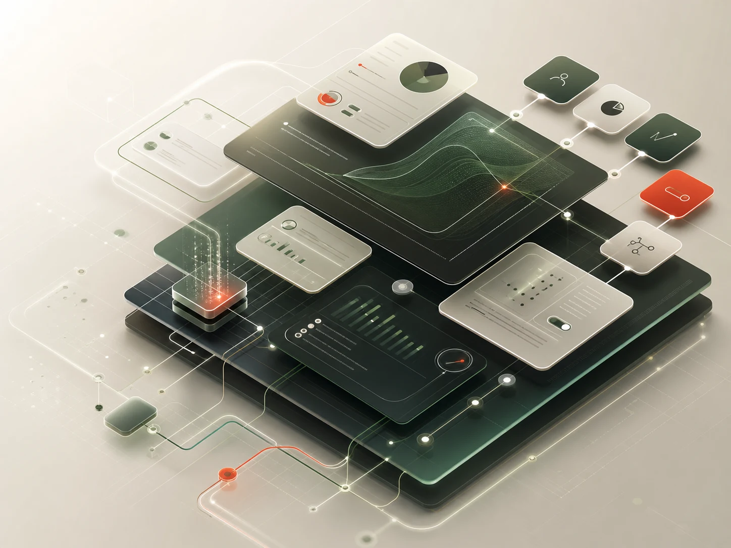 A modular SaaS platform with connected interface layers, live data, and configurable system controls